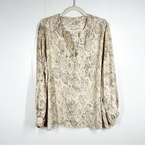 Ava & Viv Snakeskin Animal Print Cream Mobwife Long Sleeve Blouse 2X - Picture 1 of 6